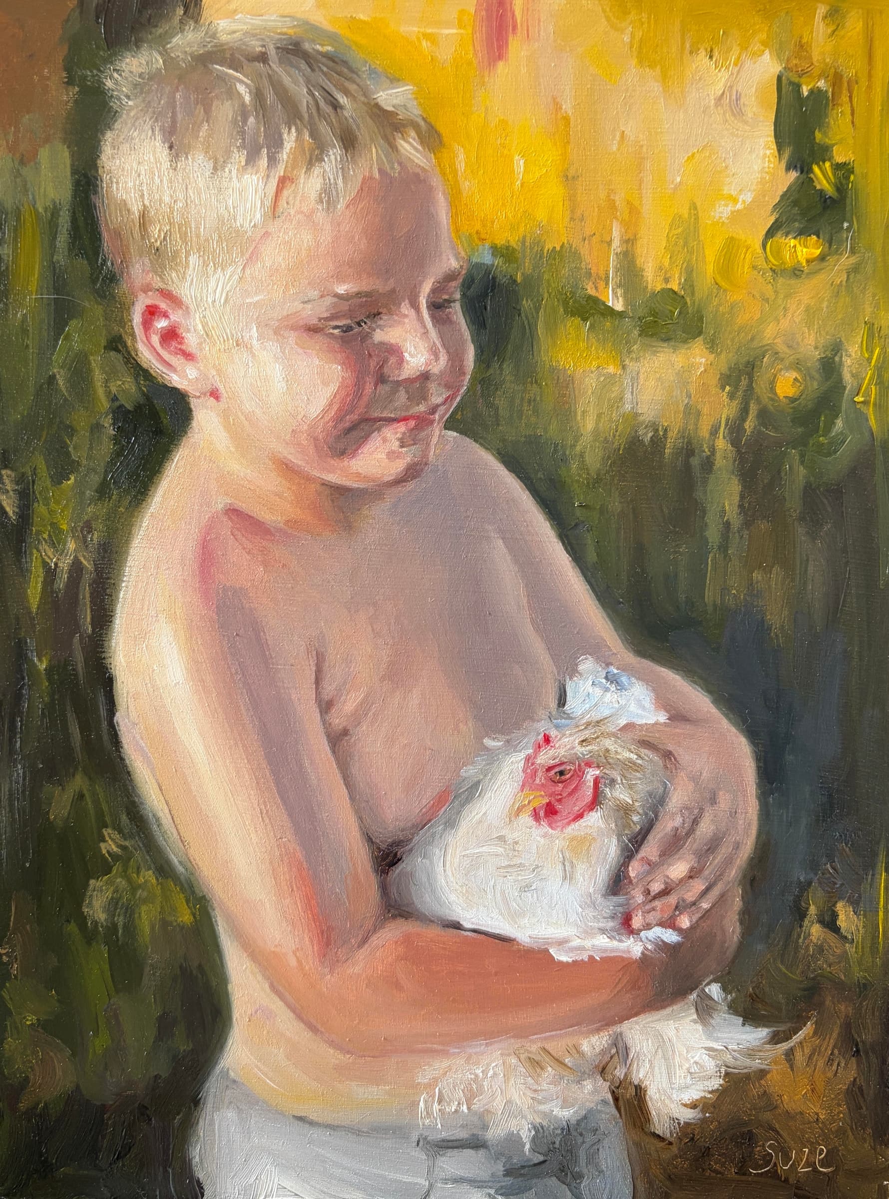 Painting of a fair-haired child holding a white hen against a sunlit yellow and green background
