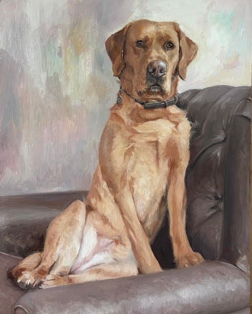Painting of a golden-coated dog sitting upright on a brown leather armchair