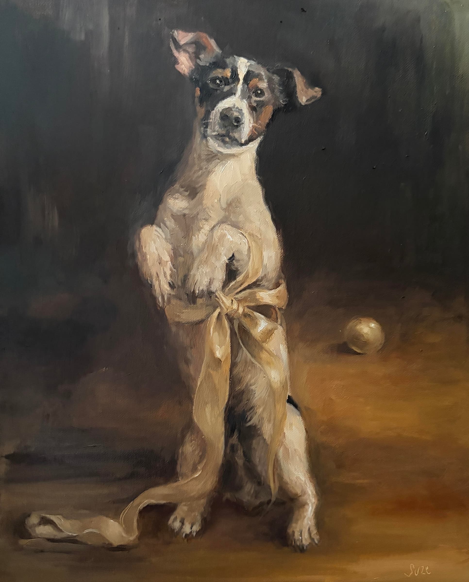 Painting of a tricolour terrier standing on its hind legs with a gold ribbon tied around its waist